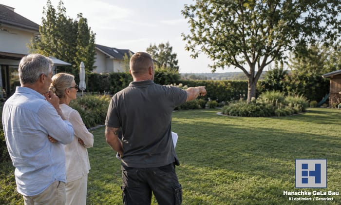 Beratungsgespräch mit Kunden im Garten vor dem Poolbau, Hanschke GalaBau Regensburg