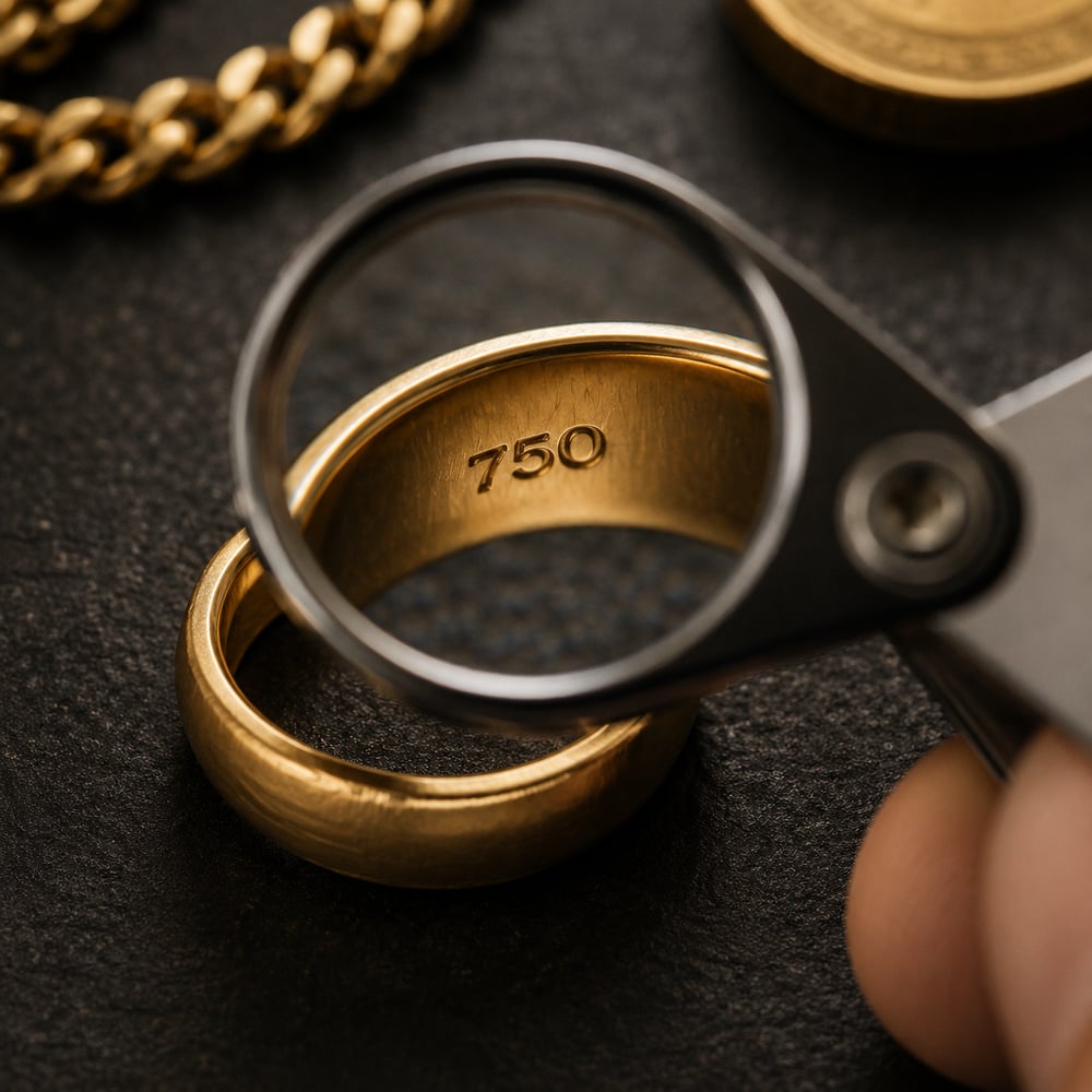 Prüfung eines Goldrings mit der Lupe