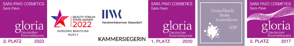 Auszeichnungen von Sara Pavo: GLORIA Deutscher Kosmetikpreis 2023, BEAUTY FORUM Stars Award 2022, Kammersiegerin der Handwerkskammer Düsseldorf, GLORIA 2020, Deutschlands beste Kosmetikerin 2019 und GLORIA 2017.