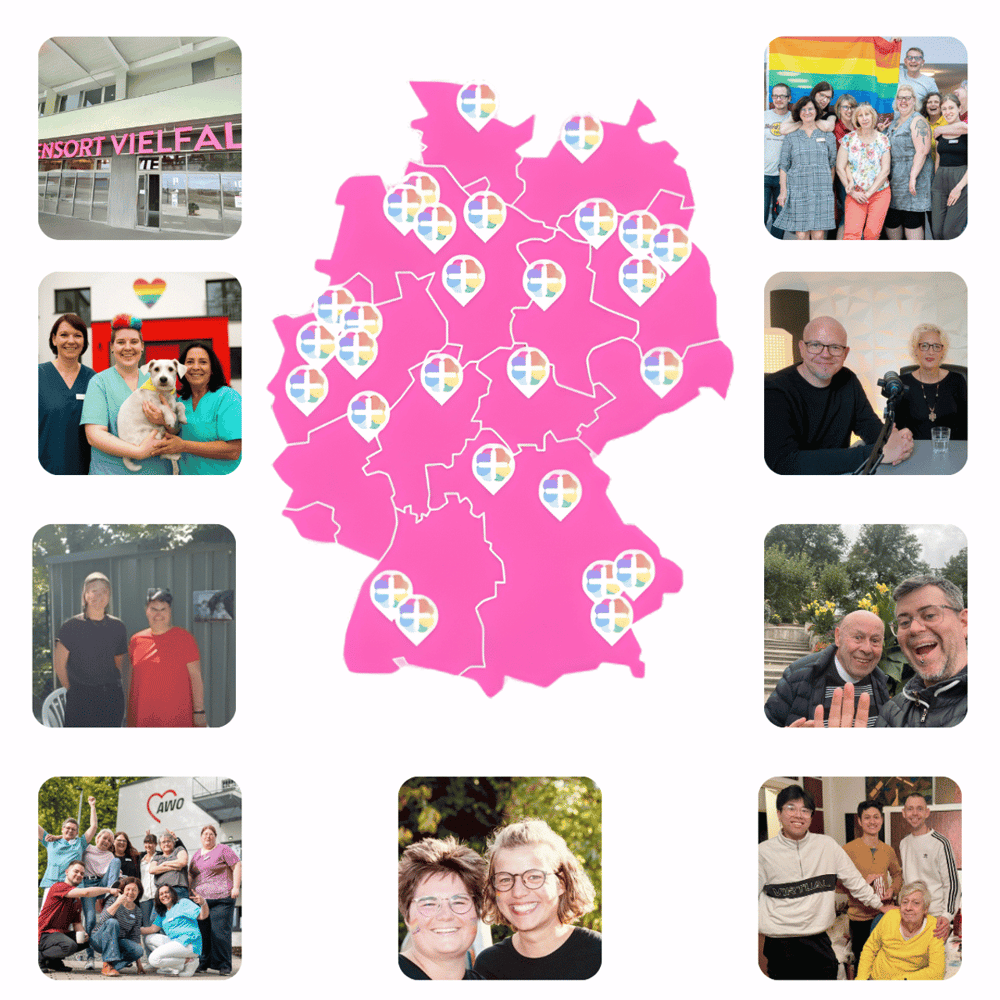 Deutschlandkarte mit bunten Standortnadeln und Fotos von Menschen und Gebäuden.