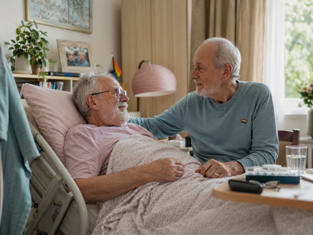 Pflegende Person sitzt zugewandt am Pflegebett einer älteren liegenden Person.