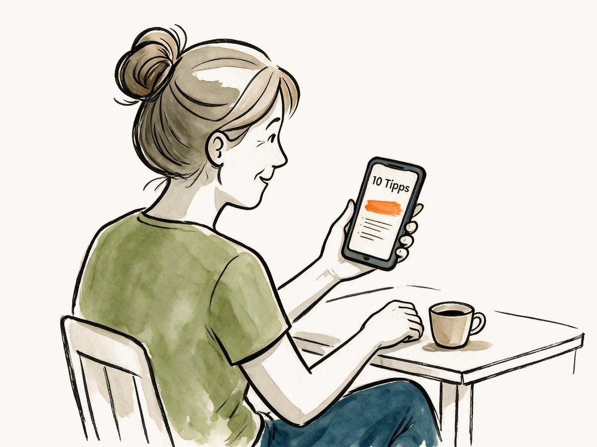Gezeichnete Frau mit Haarknoten sitzt am Morgen beim Kaffee und liest auf ihrem Handy den Spickzettel «10 Tipps».