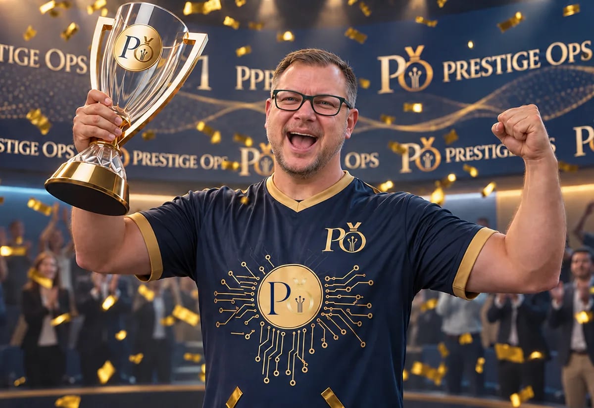 Tobias Tiefenau im PrestigeOps-Trikot hält jubelnd einen goldenen Pokal in die Höhe