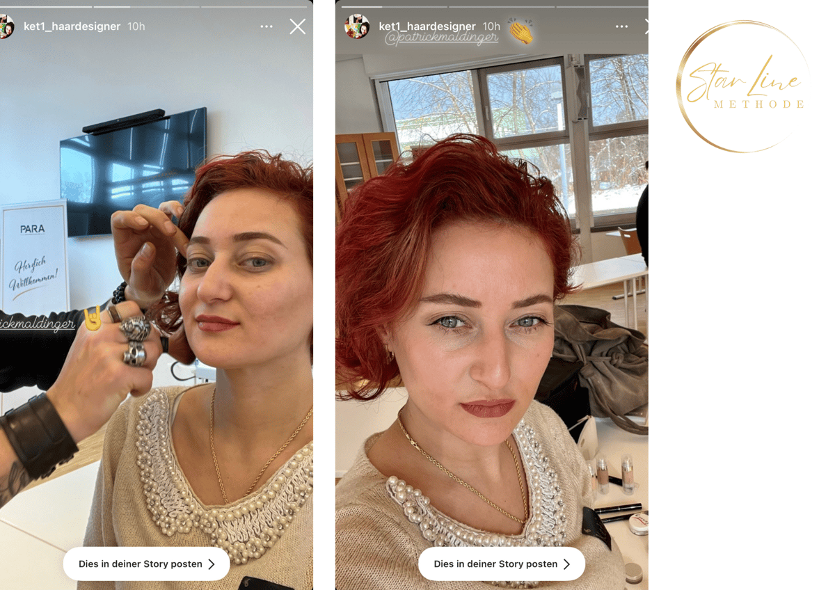 Dokumentiertes Make-up-Ergebnis an einer Frau mit roten Haaren