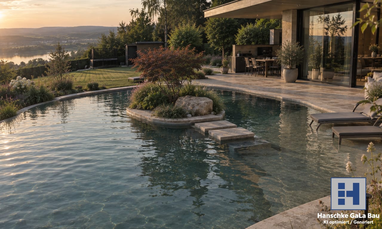 Individueller Designpool mit bepflanzter Insel und Trittsteinen