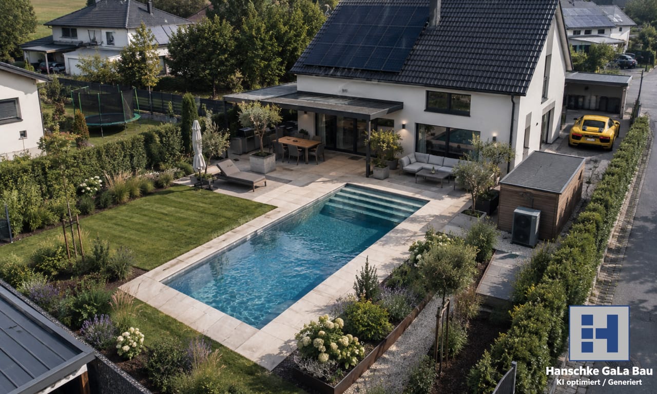 Poolanlage mit Gartengestaltung, Rasen, Bepflanzung und Terrasse aus der Vogelperspektive
