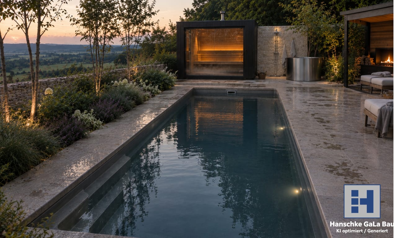 Pool mit Saunahaus, Natursteinbelag und Gartenanlage in der Abenddämmerung