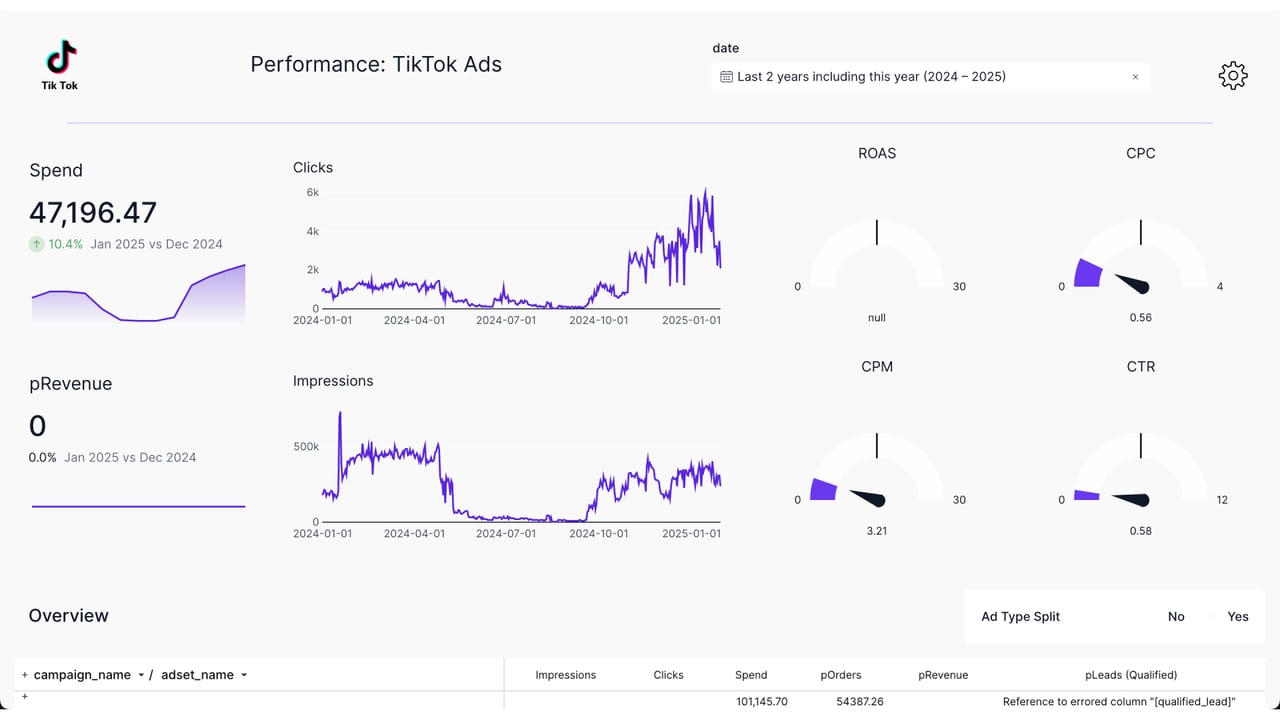 Performance-Dashboard TikTok Ads mit ROAS, CPC, CPM, CTR