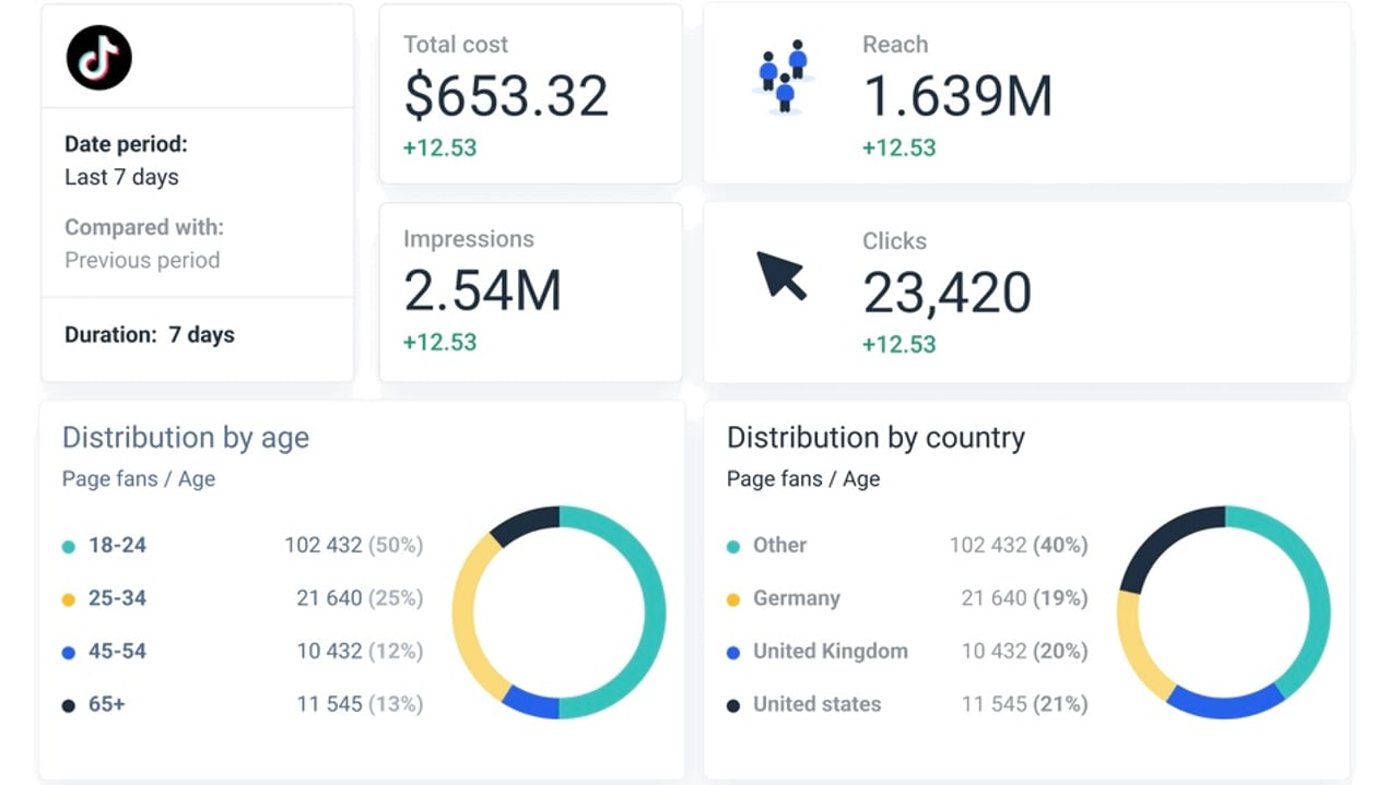 TikTok-Analyse-Dashboard mit Reichweite, Impressionen und Klicks