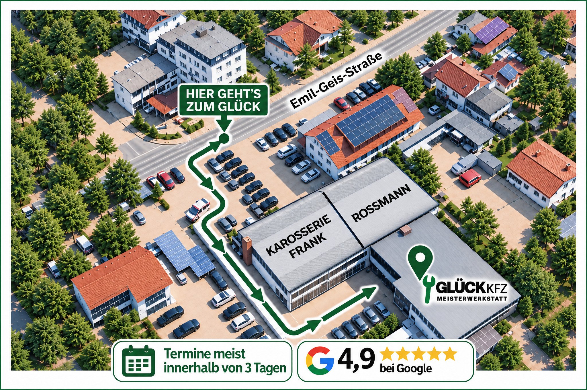 Luftbild mit dem Weg von der Emil-Geis-Straße zur Werkstatt Glück Kfz, Termine meist innerhalb von 3 Tagen, 4,9 Sterne bei Google