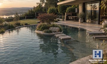 Individueller Designpool mit bepflanzter Insel und Trittsteinen
