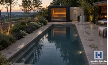 Pool mit Saunahaus, Natursteinbelag und Gartenanlage in der Abenddämmerung
