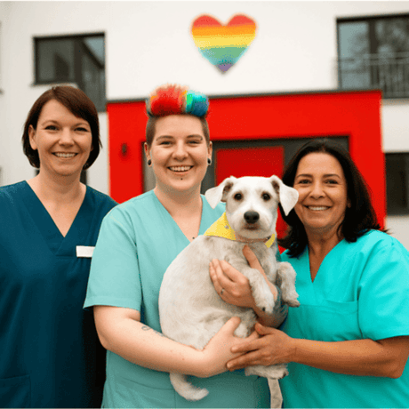 Drei lächelnde Personen in blauen Kitteln mit einem kleinen Hund.