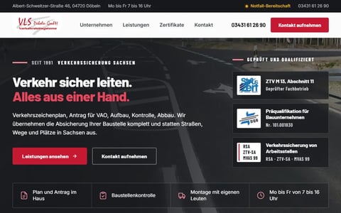 Die Startseite von verkehrsleitsysteme.de in der Desktop-Ansicht