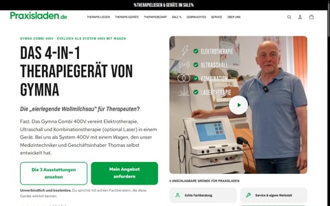Die Landingpage von Praxisladen zum Gymna System 400V mit Video im Kopfbereich