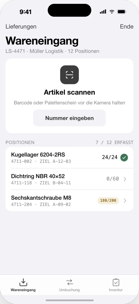 Wareneingang Schritt 2 von 4: „Wie viele Kartons sind angekommen?“ – 5 Kartons, entspricht 60 Stück