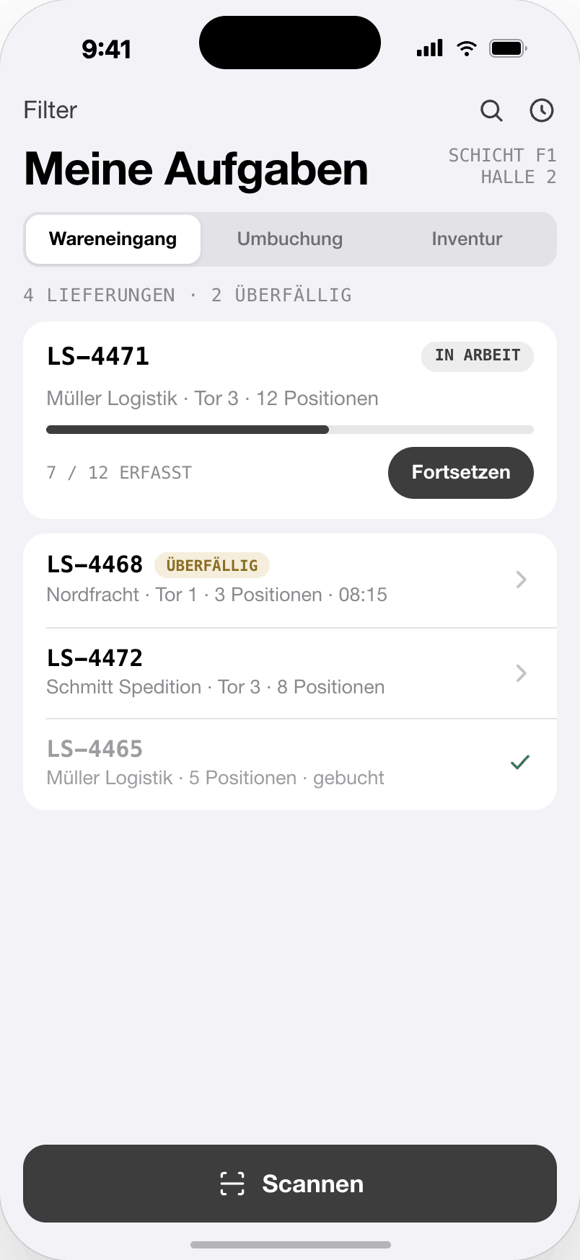 express mobile LagerApp: Übersicht „Meine Aufgaben“ mit Lieferungen im Wareneingang, Fortschritt und überfälligen Aufträgen