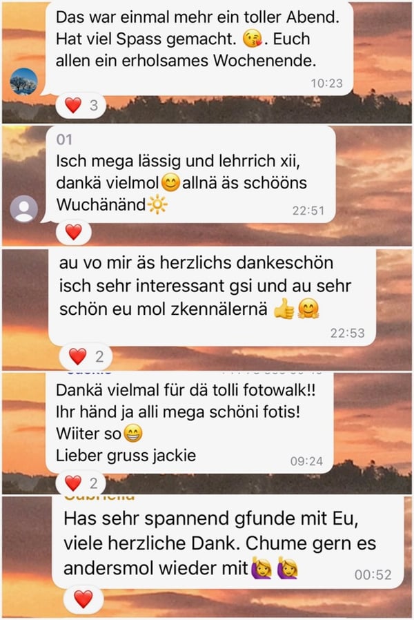 Screenshot der WhatsApp-Gruppe nach einem FotoWalk mit Dankesnachrichten der Teilnehmer