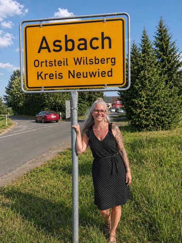 Elke Wilsberg am Ortsschild „Asbach – Ortsteil Wilsberg“ im Kreis Neuwied