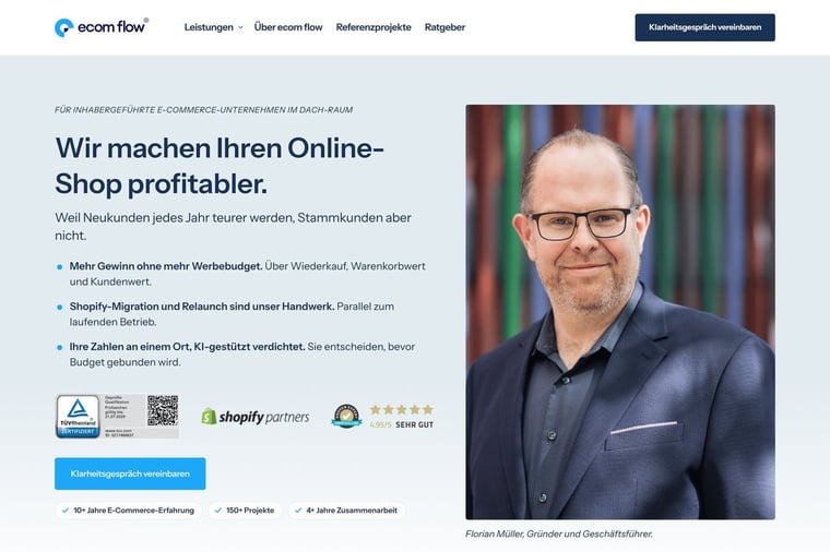 Startseite von ecom-flow.de mit dem Porträt von Florian M., fotografiert von Alex Lörtscher