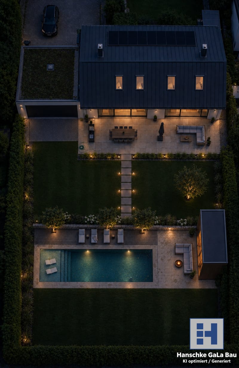 Fertige Pool- und Gartenanlage bei Nacht mit stilvollem Beleuchtungskonzept