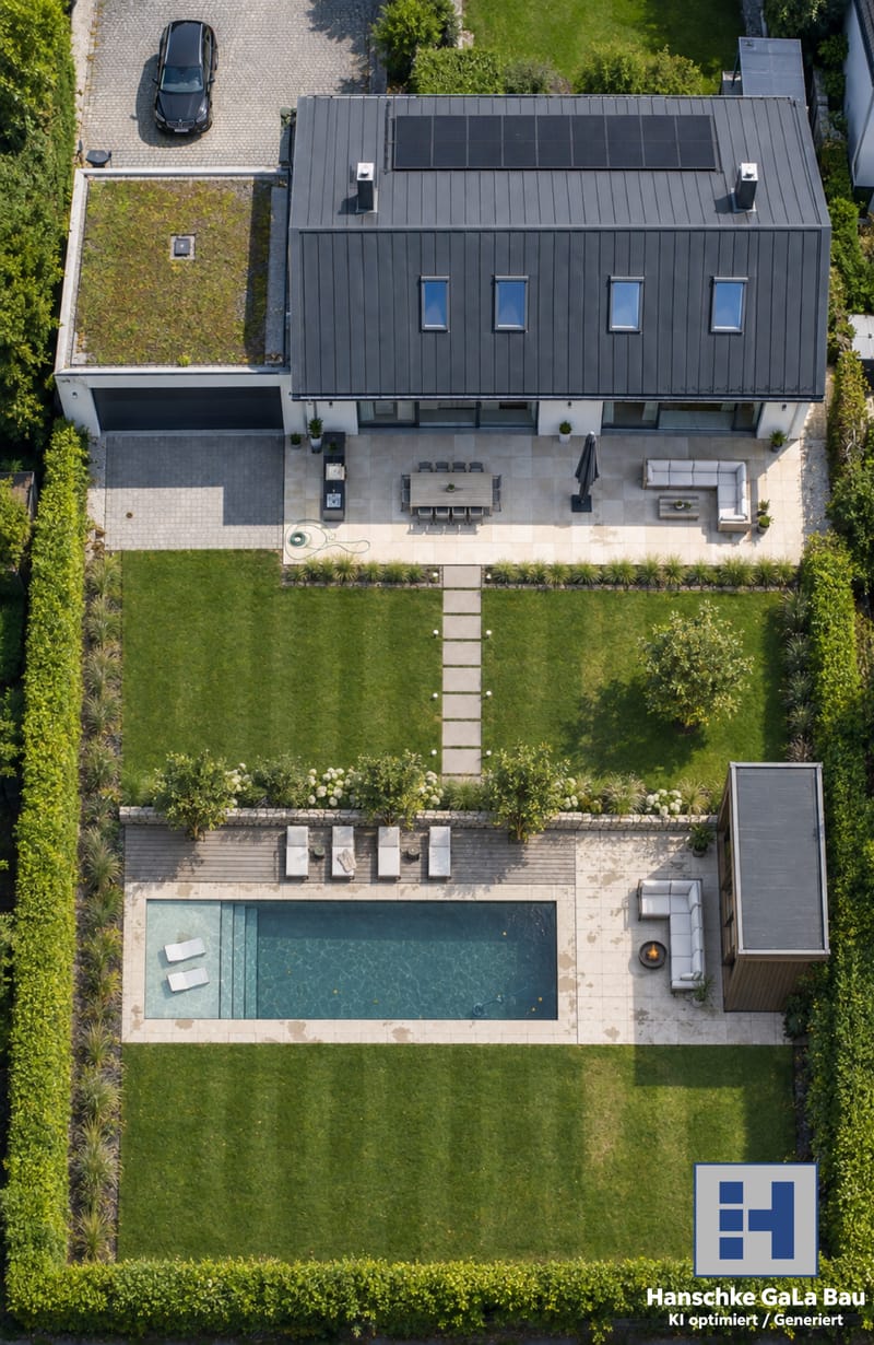 Draufsicht auf die fertige Poolanlage mit Garten, schlüsselfertig umgesetzt von Hanschke GalaBau