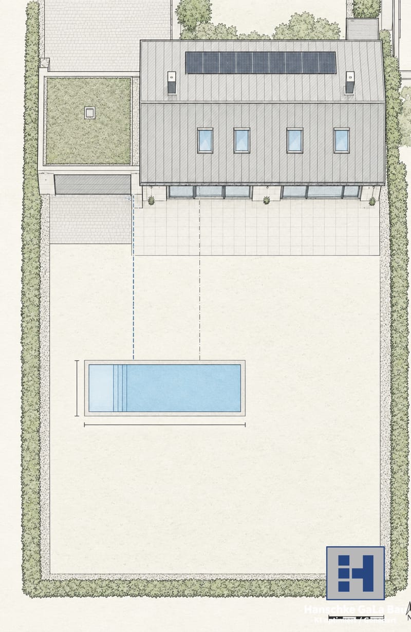Planzeichnung des Grundstücks mit eingezeichnetem Pool, detaillierte Planung der Schwimmbadanlage