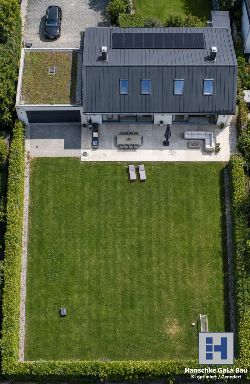 Draufsicht auf ein Haus mit leerem Rasengrundstück vor Beginn der Poolplanung