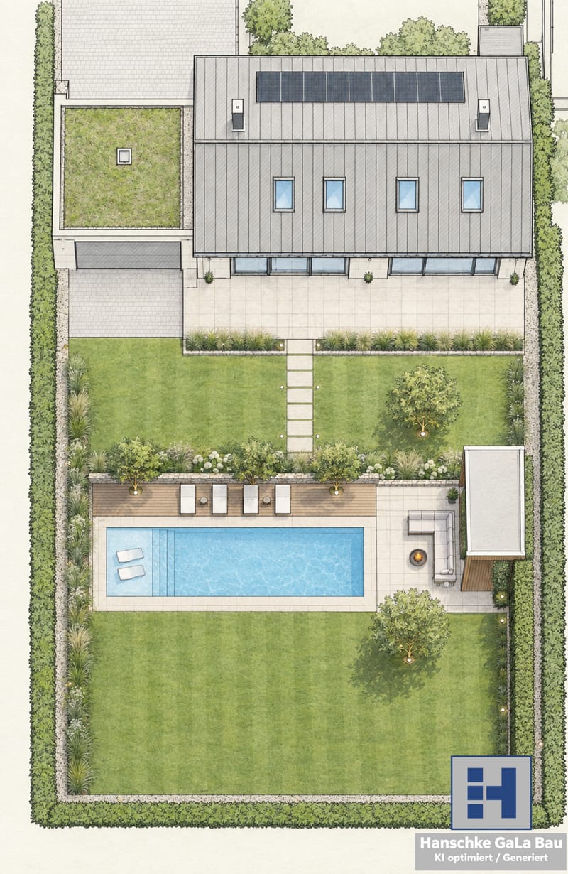 Planzeichnung mit Pool, Terrassen, Wegen und Bepflanzung, Planung des umliegenden Außenbereichs