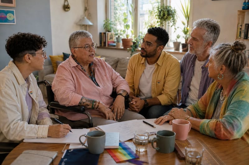 Fünf Personen im Beratungsgespräch am Tisch, eine Person im Rollstuhl, mit Regenbogenfahne.