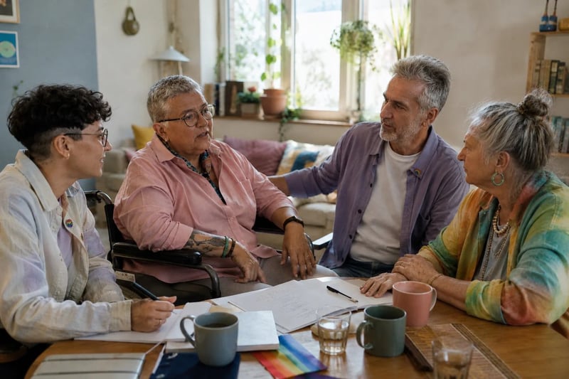 Vier ältere Personen sitzen im Gespräch am Tisch mit Unterlagen und Kaffeetassen.