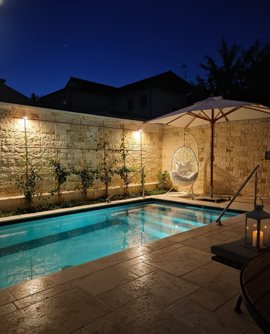 Beleuchteter Betonpool 7 × 3 m bei Nacht mit angestrahlter Natursteinwand, Poolbau von Hanschke GalaBau