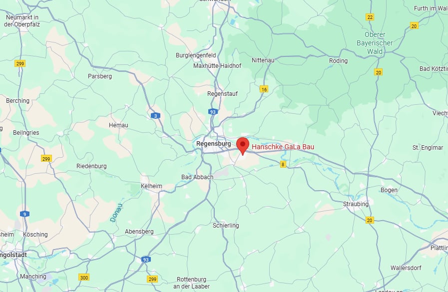 Karte von Regensburg und Umland mit dem Standort von Hanschke GalaBau, Einsatzgebiet für Poolbau und Gartengestaltung