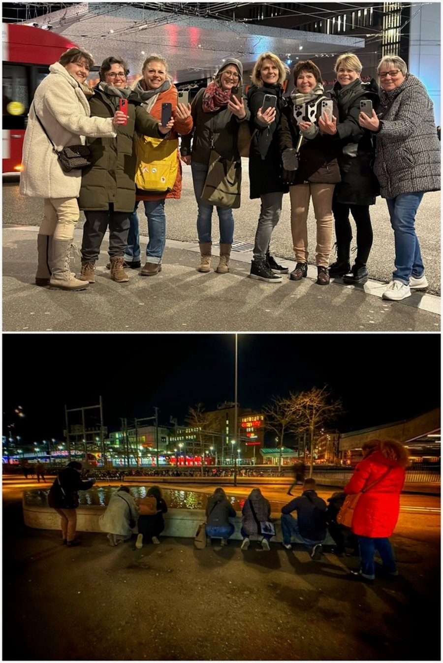 Gruppe mit Smartphones am Abend, darunter dieselbe Gruppe in der Hocke beim Fotografieren an einem Wasserbecken