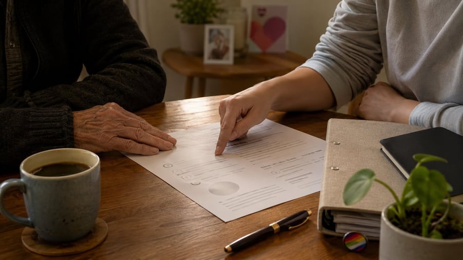 Zwei Personen besprechen ein Dokument am Tisch, eine Hand zeigt auf das Papier.