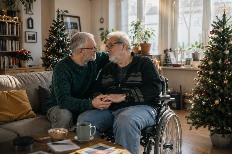 Zwei ältere Männer halten einander die Hand im weihnachtlich geschmückten Wohnzimmer, einer im Rollstuhl.