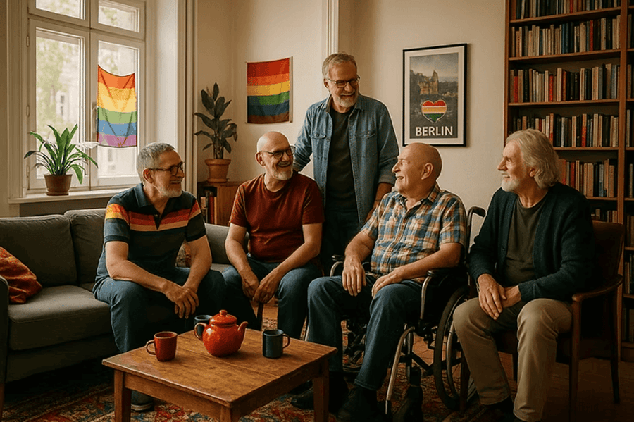Mehrere Menschen sitzen zusammen und unterhalten sich.