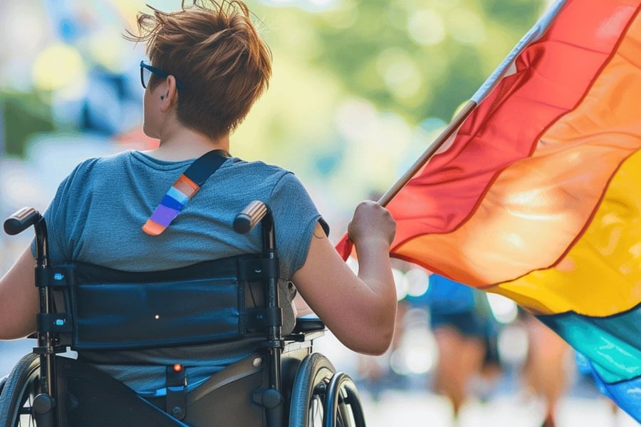 Person im Rollstuhl hält von hinten gesehen eine Regenbogenfahne.