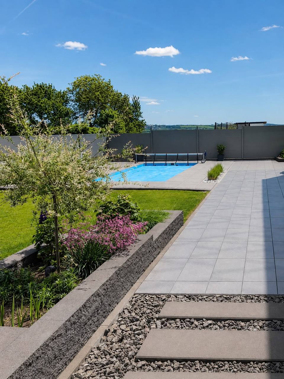 Gartengestaltung mit Pool, Terrassenplatten und Trittplatten, Gartenbau Kasemir