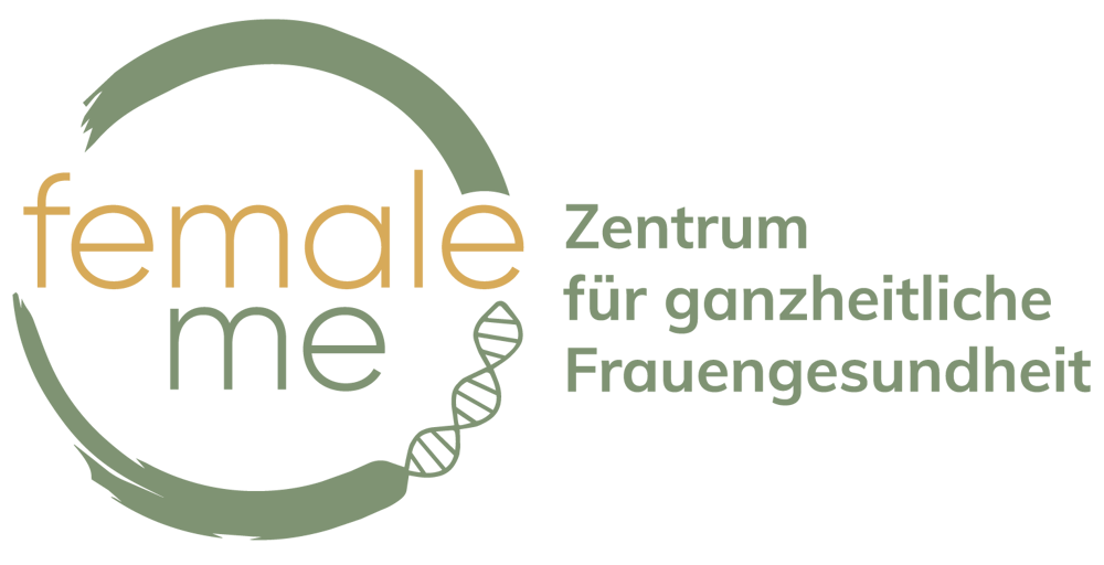 Logo „female me Zentrum für ganzheitliche Frauengesundheit“ mit DNA-Helix und einem Kreis, der die Wörter umgibt.