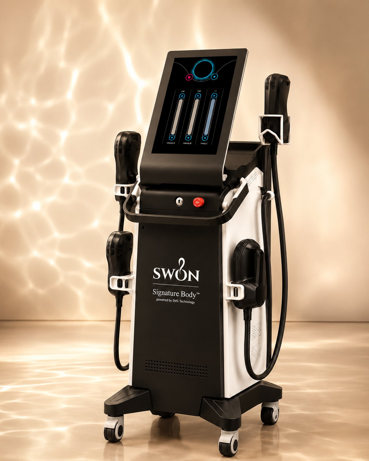 EMS-Body-Gerät mit Applikatoren im Behandlungsraum bei SWON