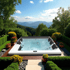 Whirlpool im Garten mit Blick auf bewaldete Berge und blauen Himmel.