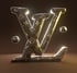 3D Louis Vuitton logo in dark brown with gold monogram pattern, illuminated by bright lights, against a dark background.