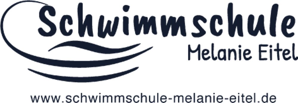 Logo: "Schwimmschule Melanie Eitel" in dunkelblau mit Wellenlinien und der URL "www.schwimmschule-melanie-eitel.de".