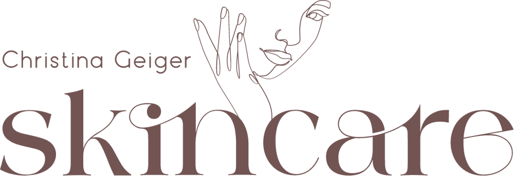 Christina Geiger Skincare Logo mit einer Strichzeichnung eines Gesichts und einer Hand auf schwarzem Hintergrund.
