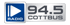 Logo von Radio Cottbus mit der Frequenz 94.5 und einem weißen Play-Symbol auf blauem Grund.