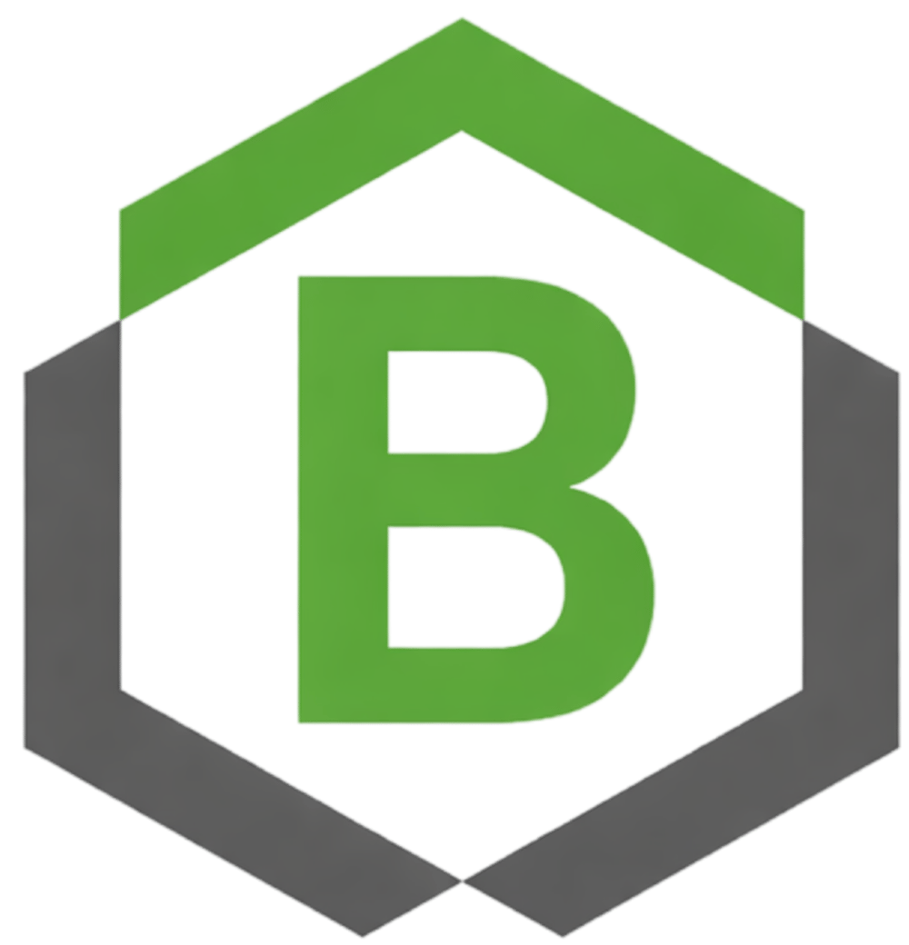 Grüner Buchstabe B in einem sechseckigen Logo mit grauem Rahmen.