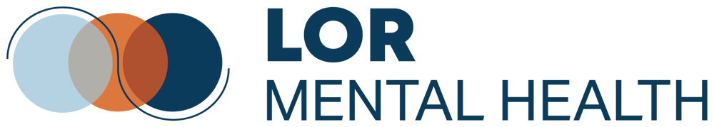 Logo von LOR Mental Health mit drei überlappenden Kreisen in Hellblau, Orange und Dunkelblau auf schwarzem Hintergrund.