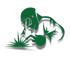 Dunkelgrüne, stilisierte Figur, die auf dem Boden kniet und einen Lichtblitz verursacht.