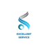 Abstraktes Logo aus blau-silbernen geschwungenen Linien und Kreis über dem Text Excellent Service auf schwarzem Grund.